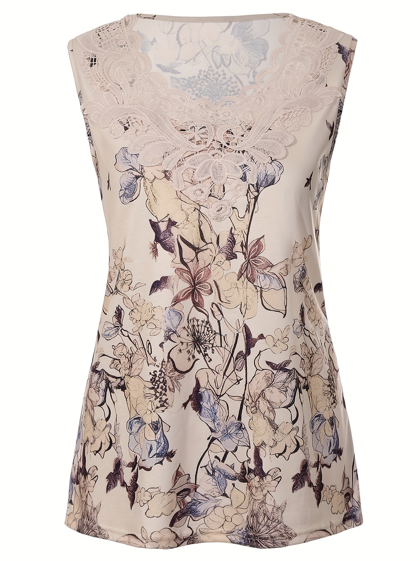 Damski top z koronką i kwiatowym wzorem w patchwork – elegancka bluzka bez rękawów