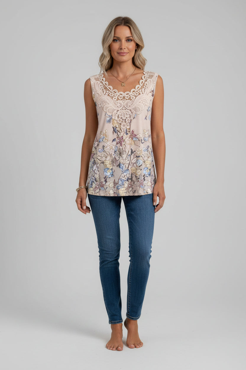 Damski top z koronką i kwiatowym wzorem w patchwork – elegancka bluzka bez rękawów