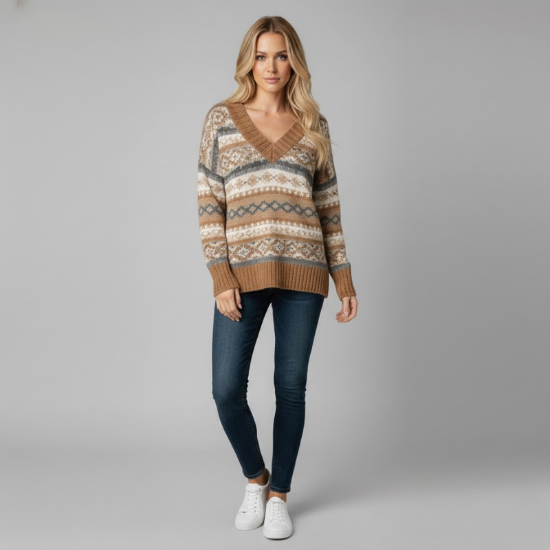 Elegancki sweter damski z dzianiny z dekoltem w serek – prosta, codzienna elegancja