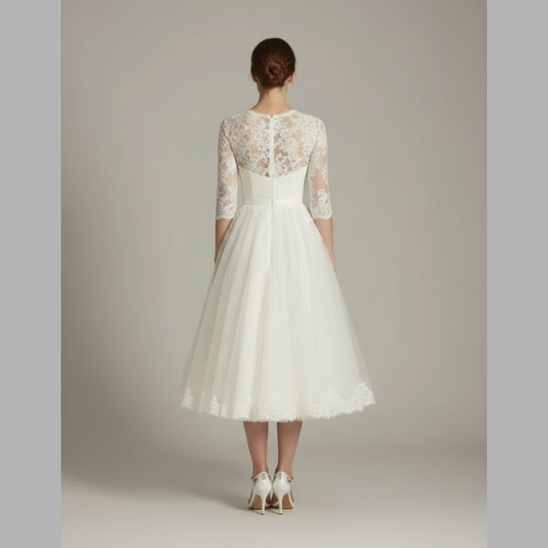 Elegancka suknia ślubna midi w stylu vintage dla kobiet – ponadczasowy styl z rękawem 3/4