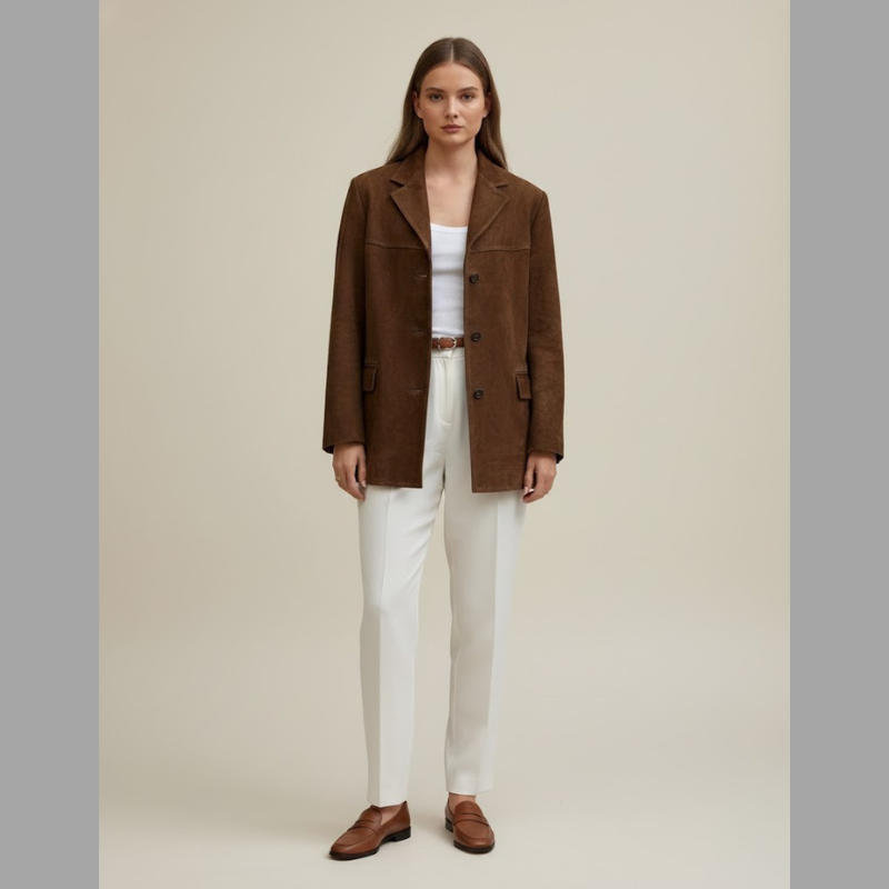 Luksusowa damska marynarka zamszowa – dopasowana, elegancka, zapinana z przodu na guziki