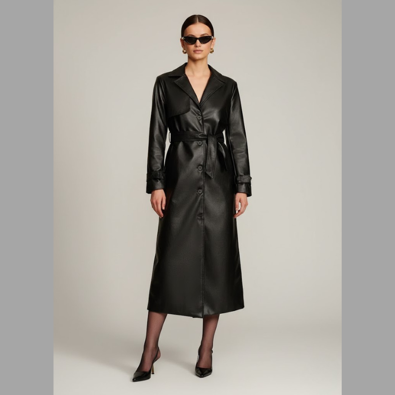 Czarny damski trencz ze sztucznej skóry – długa, wyrazista odzież wierzchnia