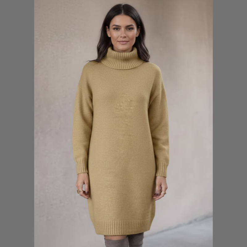 Sukienka sweterkowa damska na zimę – długi rękaw i wysoki kołnierz