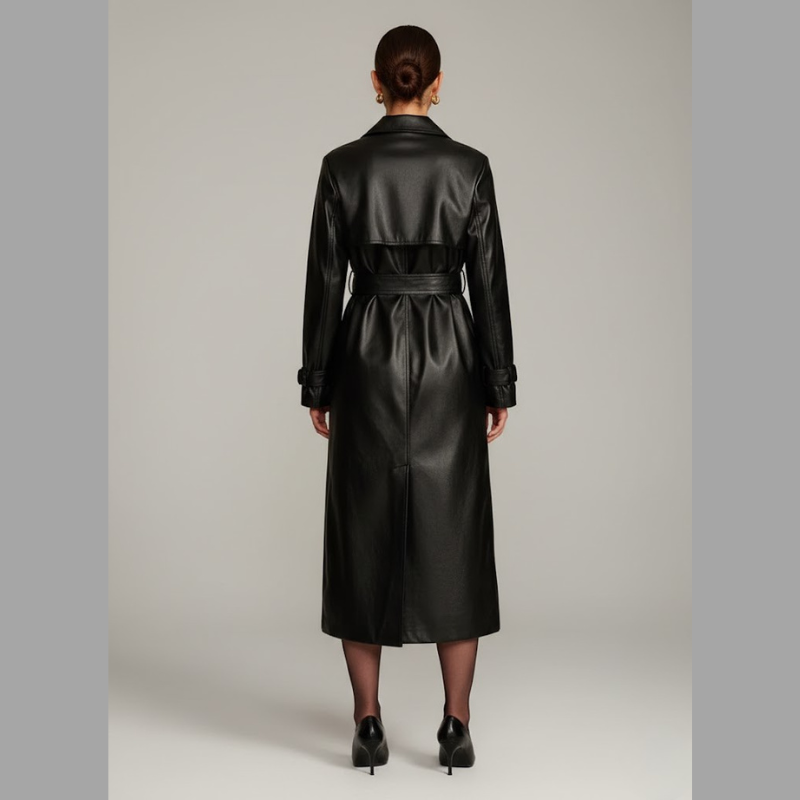 Czarny damski trencz ze sztucznej skóry – długa, wyrazista odzież wierzchnia