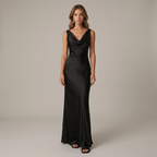 Zuzanna | Satynowa suknia wieczorowa maxi damska – dopasowana, cowl neck