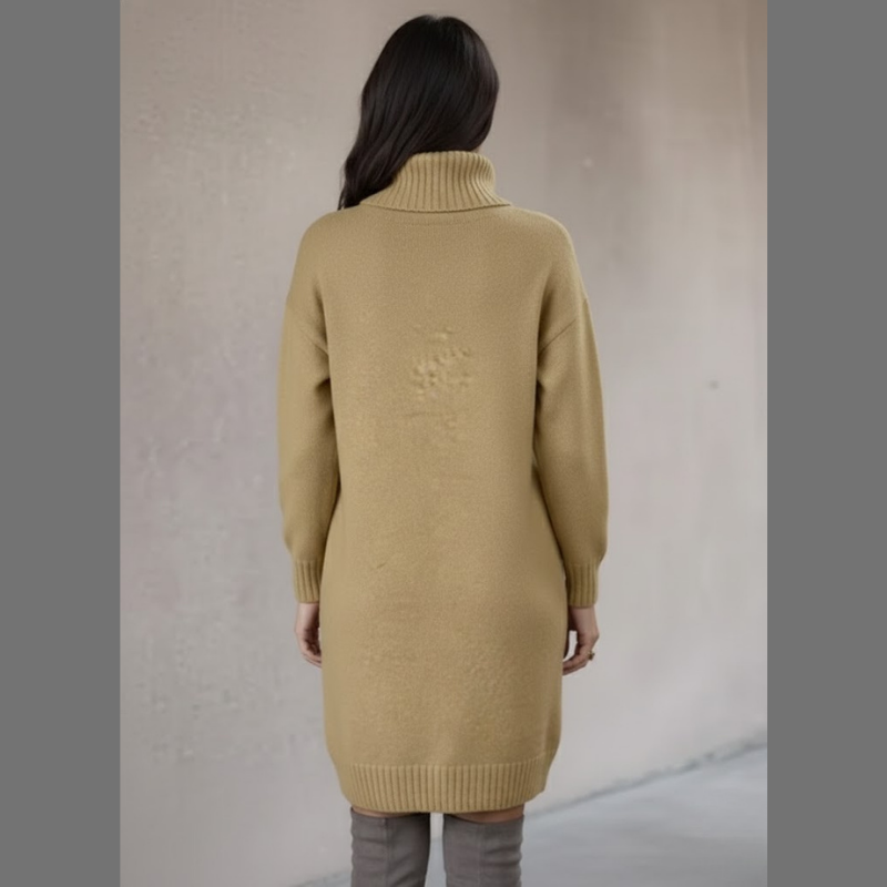 Sukienka sweterkowa damska na zimę – długi rękaw i wysoki kołnierz