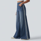 High-waisted jeans with striped distressing – flowy, wide legs and a loose fit