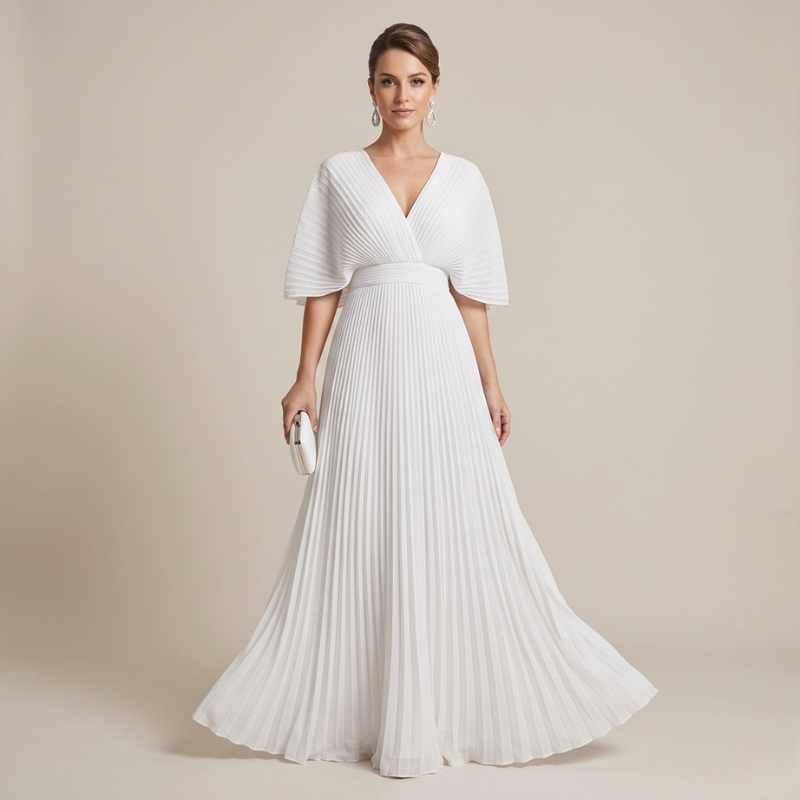 Elegancka sukienka maxi z rękawami typu nietoperz – plisowana suknia dla gości weselnych
