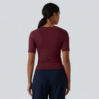 Asymmetrical neck top with ruching – flattering short sleeve top, for every day