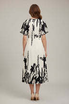 Women's midi dress with botanical print - elegant summer style with a V-neck