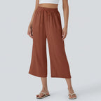 High-waisted trousers with an elasticated waist – wide leg, linen, casual