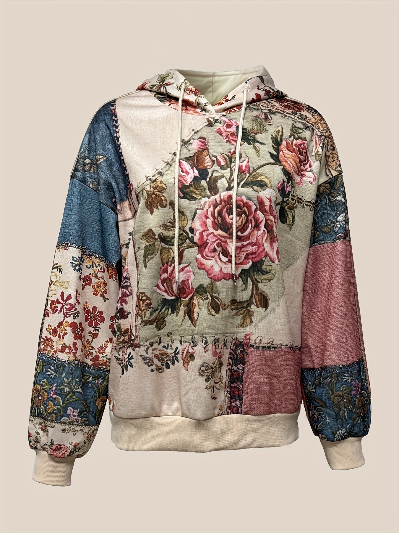 Milani | Damska bluza z kapturem w stylu casualowym z nadrukiem – retro kwiatowy wzór w stylu patchworku