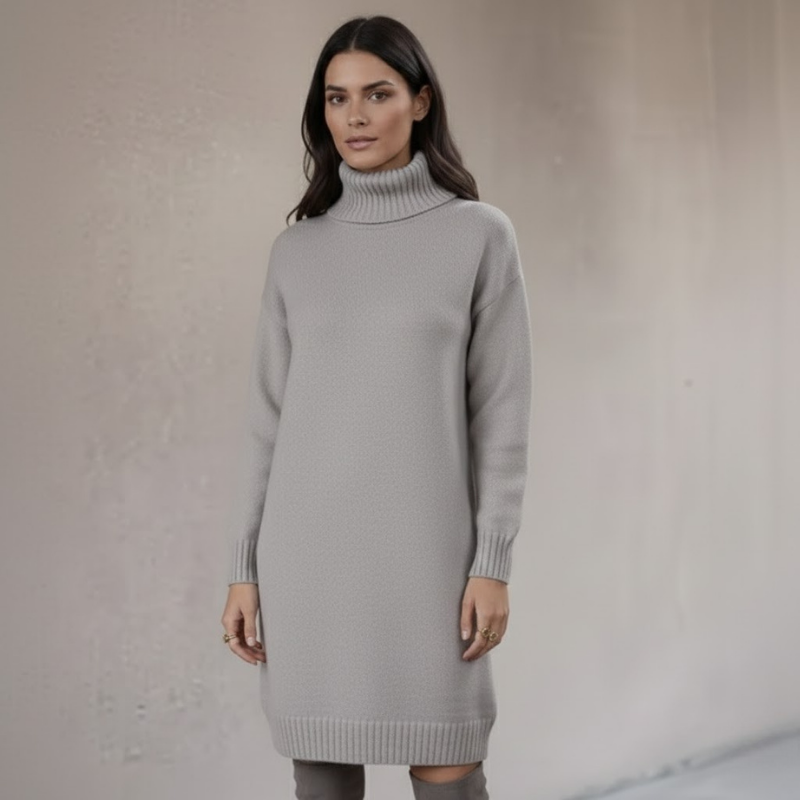Sukienka sweterkowa damska na zimę – długi rękaw i wysoki kołnierz