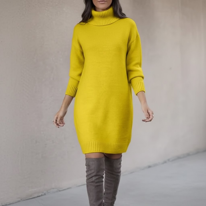 Sukienka sweterkowa damska na zimę – długi rękaw i wysoki kołnierz