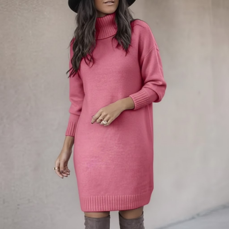 Sukienka sweterkowa damska na zimę – długi rękaw i wysoki kołnierz
