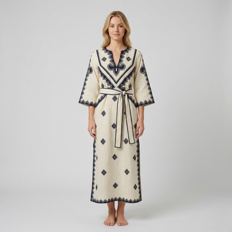 Luźna sukienka kaftan z paskiem – lekki letni styl dla kobiet