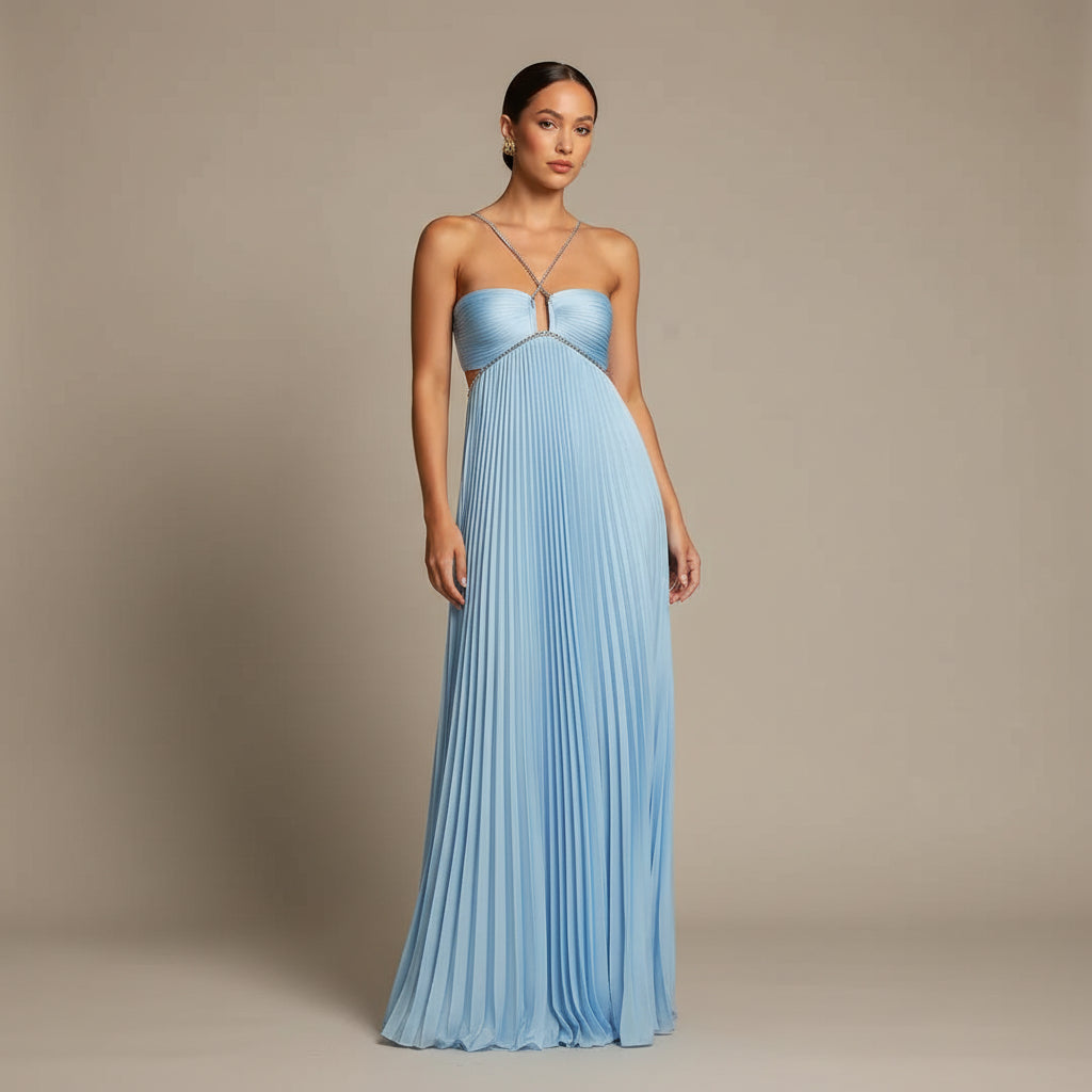 Sukienka plisowana damska z odkrytymi plecami i dekoltem halter – Elegancja