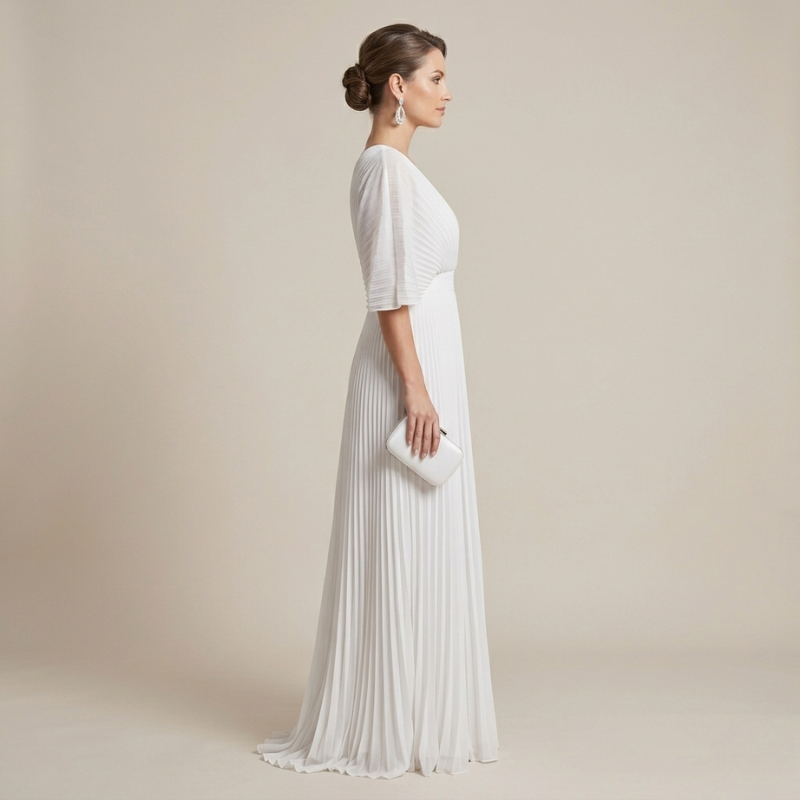 Elegant maxi dress with batwing sleeves - pleated dress for wedding guests