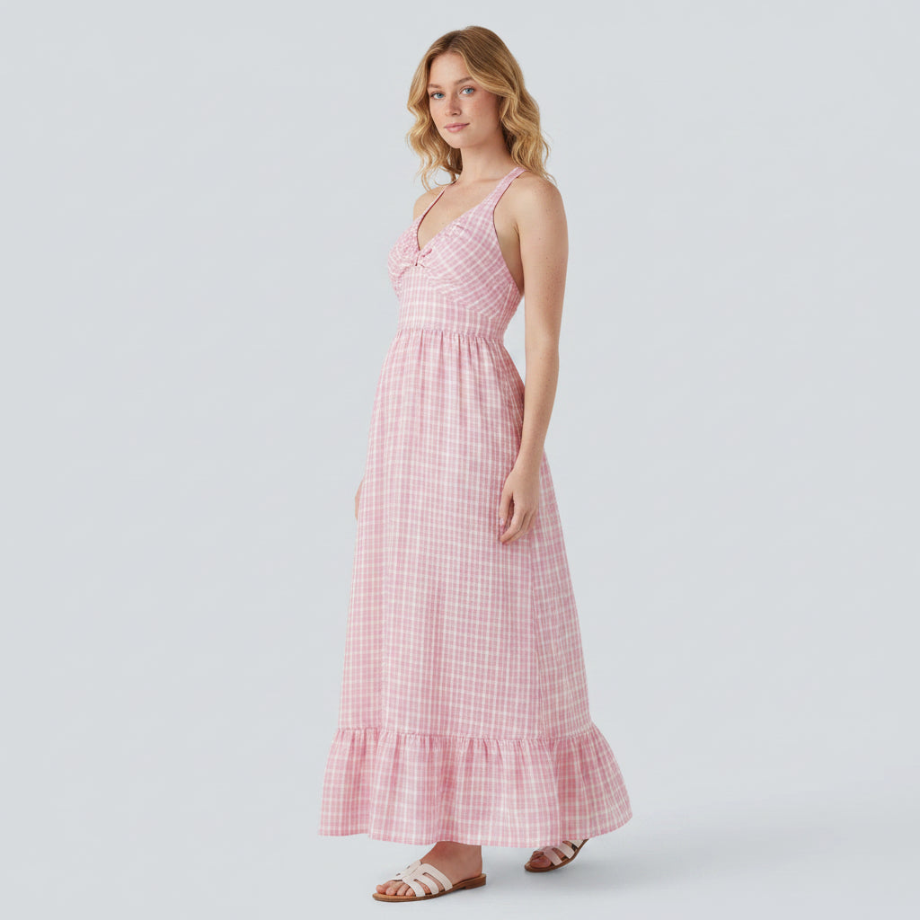 Maxi dress in casual chic – checked print with tie-back and flared hem