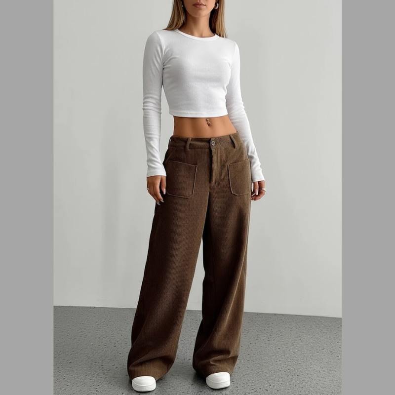 Spodnie sztruksowe inspirowane stylem vintage – luźny krój damski z wysokim stanem