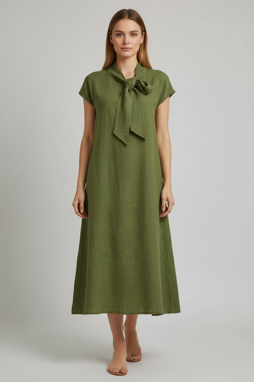Damska elegancka sukienka midi do biura – elegancki letni styl z kokardą z przodu