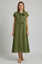 Women's elegant midi office dress - elegant summer style with a front bow