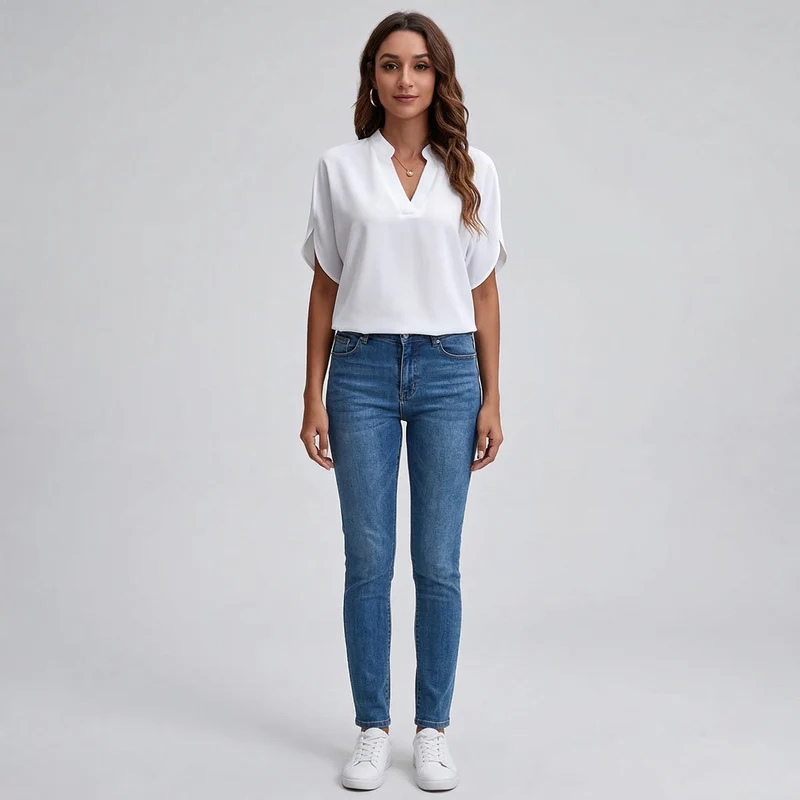 Bluzka damska z krótkim rękawem i luźnym krojem, zwiewna i z dekoltem w serek, letnia