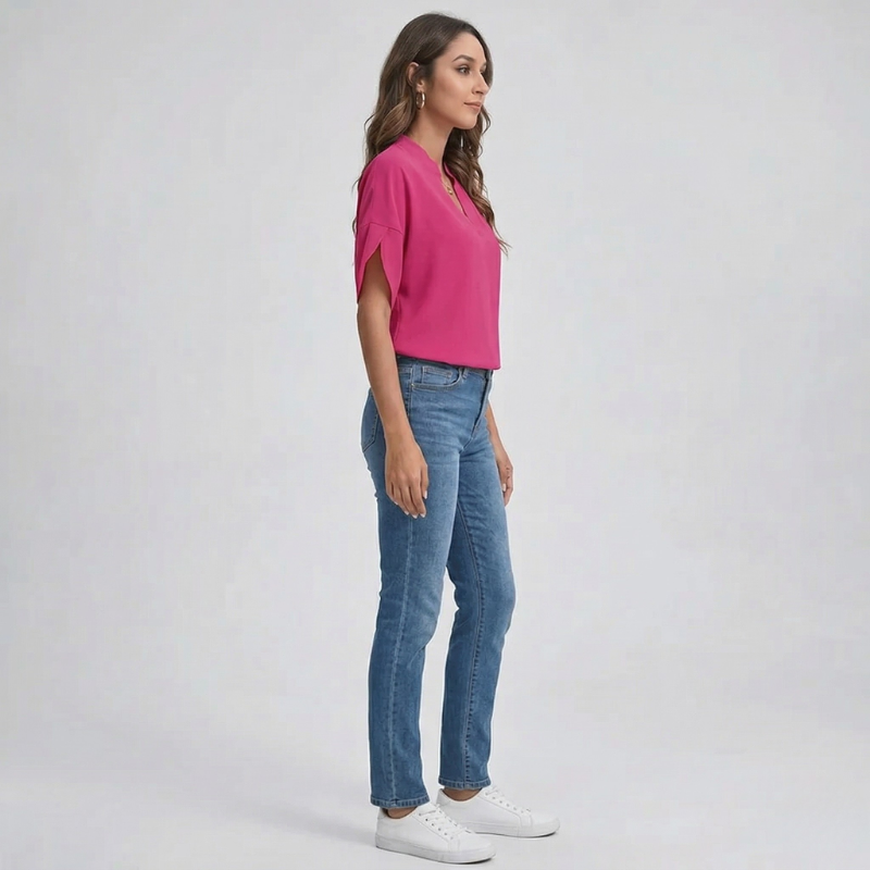 Bluzka damska z krótkim rękawem i luźnym krojem, zwiewna i z dekoltem w serek, letnia