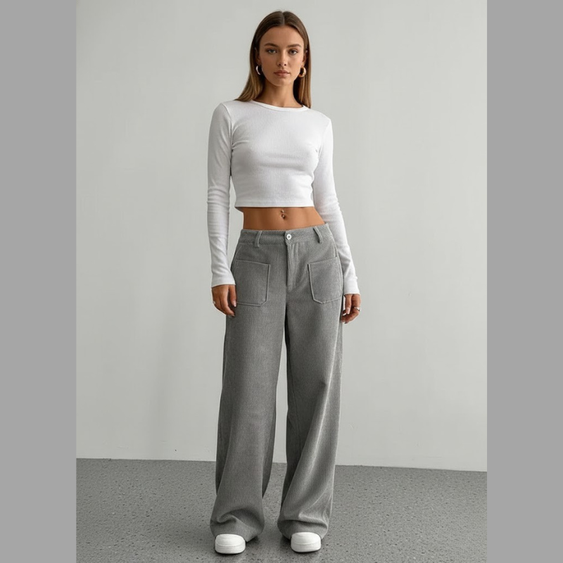 Spodnie sztruksowe inspirowane stylem vintage – luźny krój damski z wysokim stanem