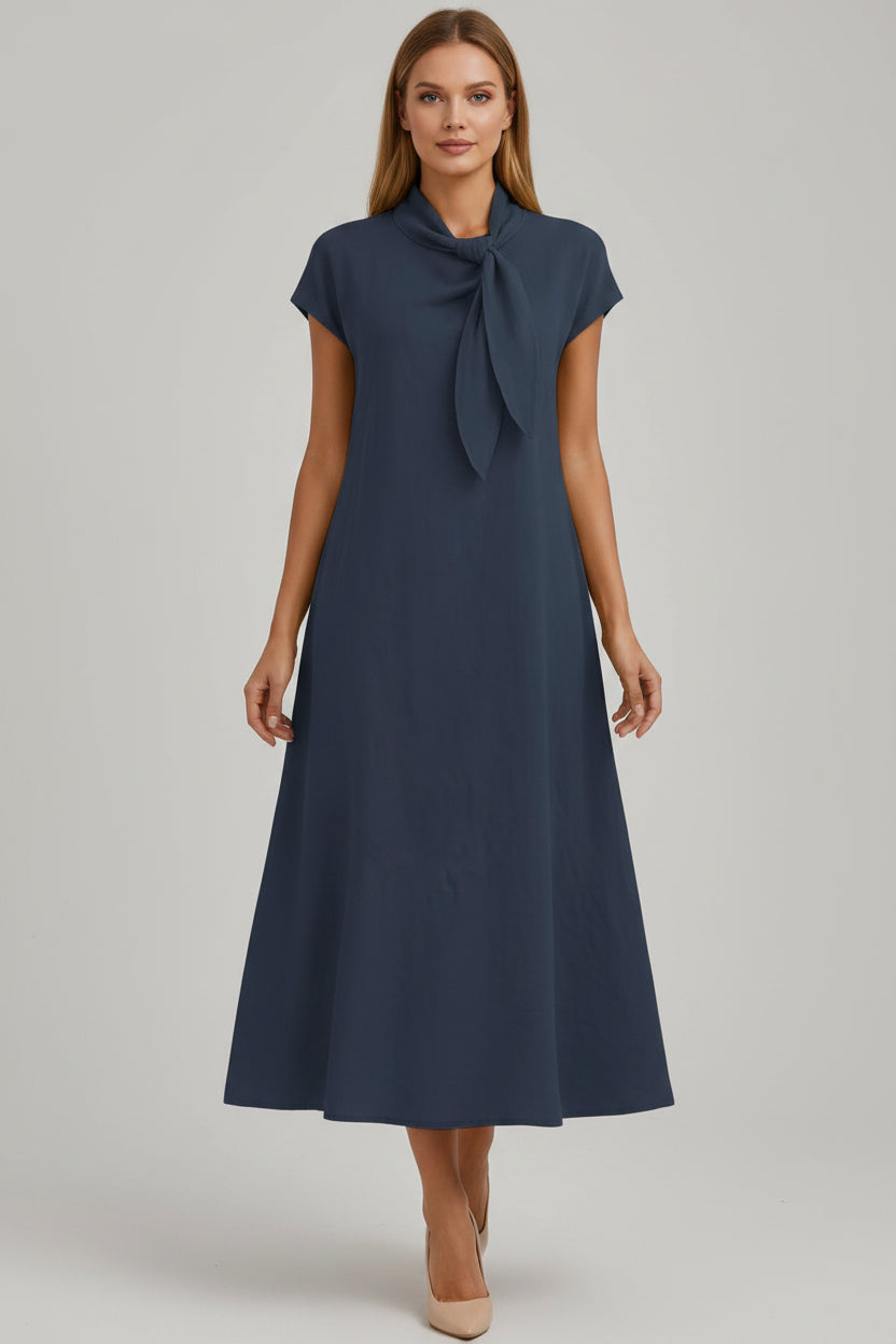 Damska elegancka sukienka midi do biura – elegancki letni styl z kokardą z przodu
