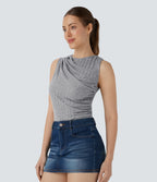 Ribbed knit blouse with ruffles on one shoulder – elegant asymmetrical sleeveless design