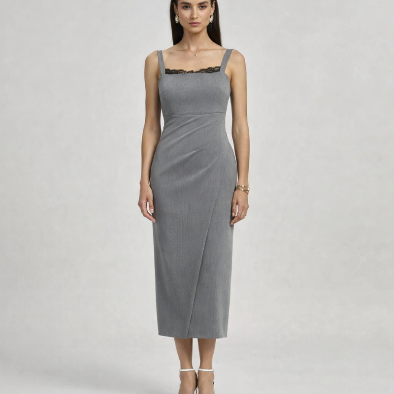 Elegancka plisowana sukienka midi o dopasowanym kroju – wyprofilowany damski look wieczorowy