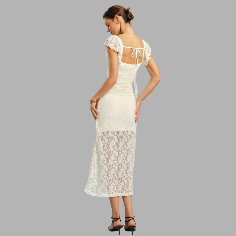 Elegantes Midikleid mit Textur – romantisches Damenoutfit mit Spitze und Rüschen