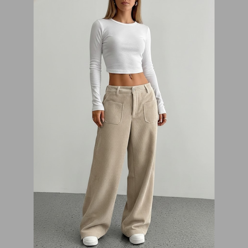 Spodnie sztruksowe inspirowane stylem vintage – luźny krój damski z wysokim stanem