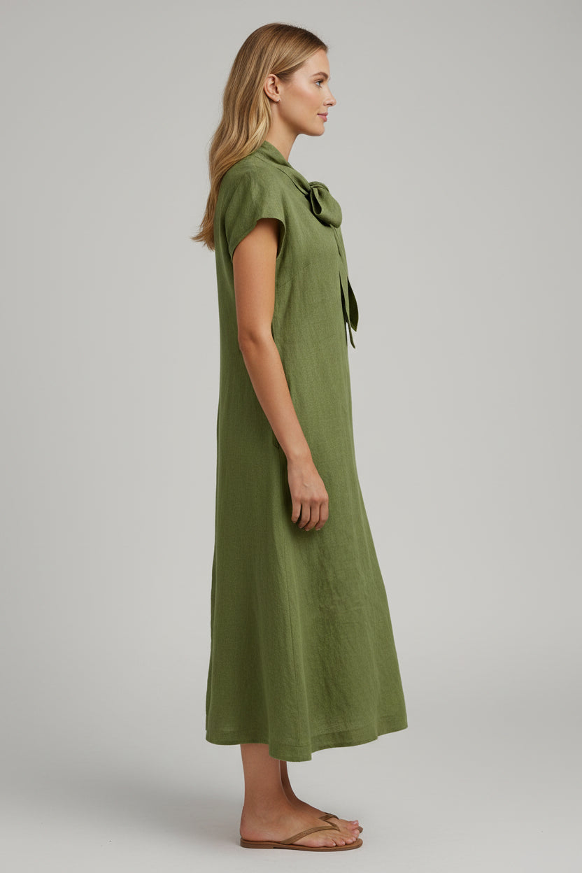 Damska elegancka sukienka midi do biura – elegancki letni styl z kokardą z przodu