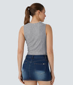 Ribbed knit blouse with ruffles on one shoulder – elegant asymmetrical sleeveless design