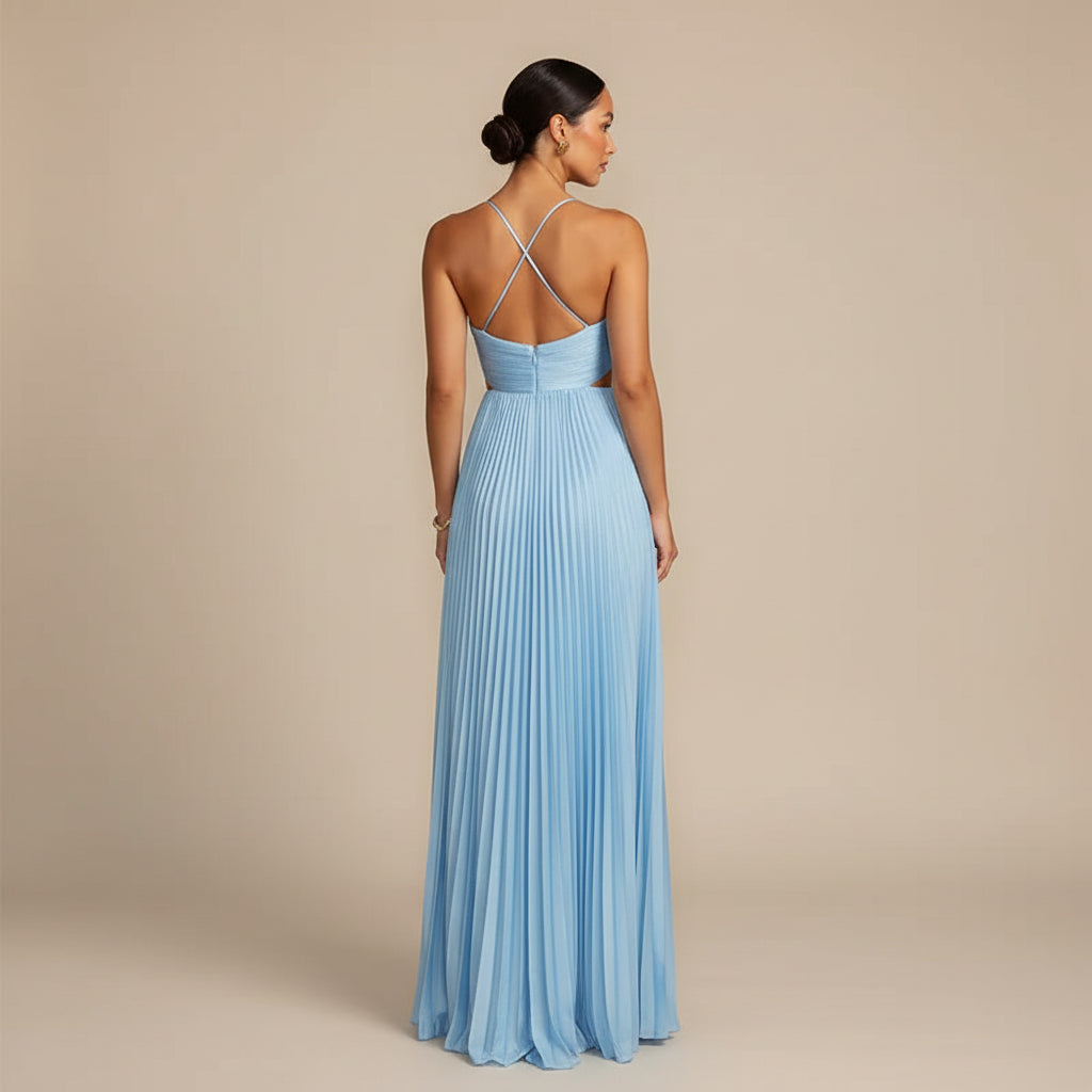 Women's pleated dress with an open back and halter neckline - Elegance