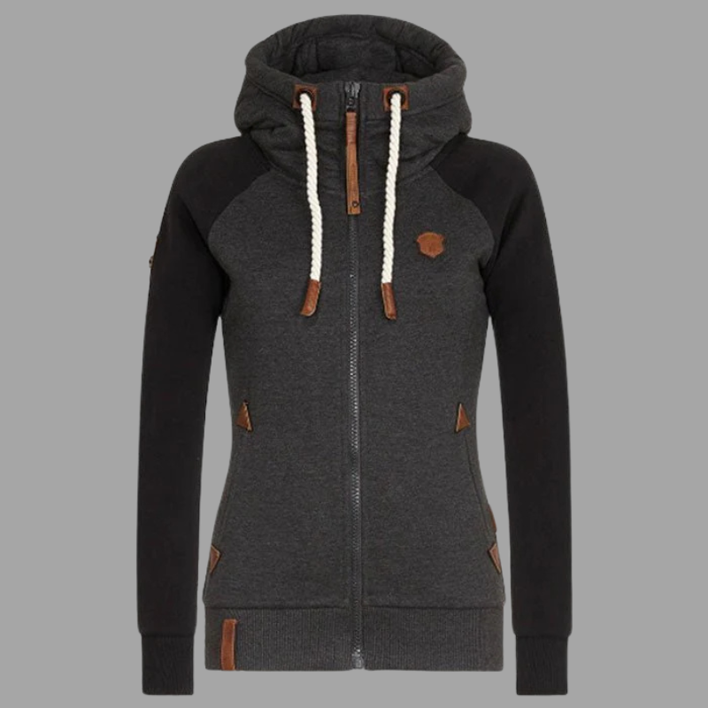 Damska bluza z kapturem i zamkiem błyskawicznym, dzianinowa, swobodna – miękka i stylowa, z długim rękawem