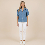 Vintage-Damenjeansbluse – lässig, kurzärmelig und geknöpft, ein Must-have für jeden Kleiderschrank