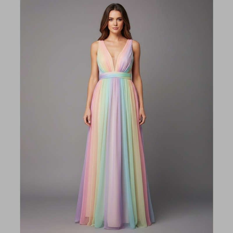 Vibrant long V-neck dress for women - airy, colorful, summer style