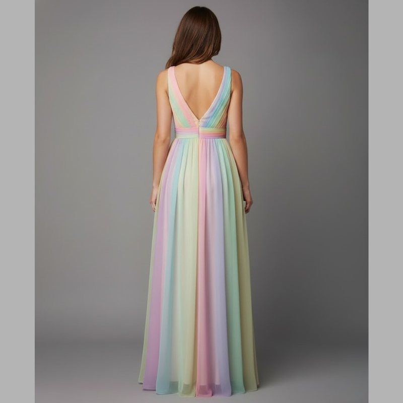 Vibrant long V-neck dress for women - airy, colorful, summer style