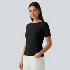 Ribbed fitted top - boat neck, comfortable, stretchy fabric