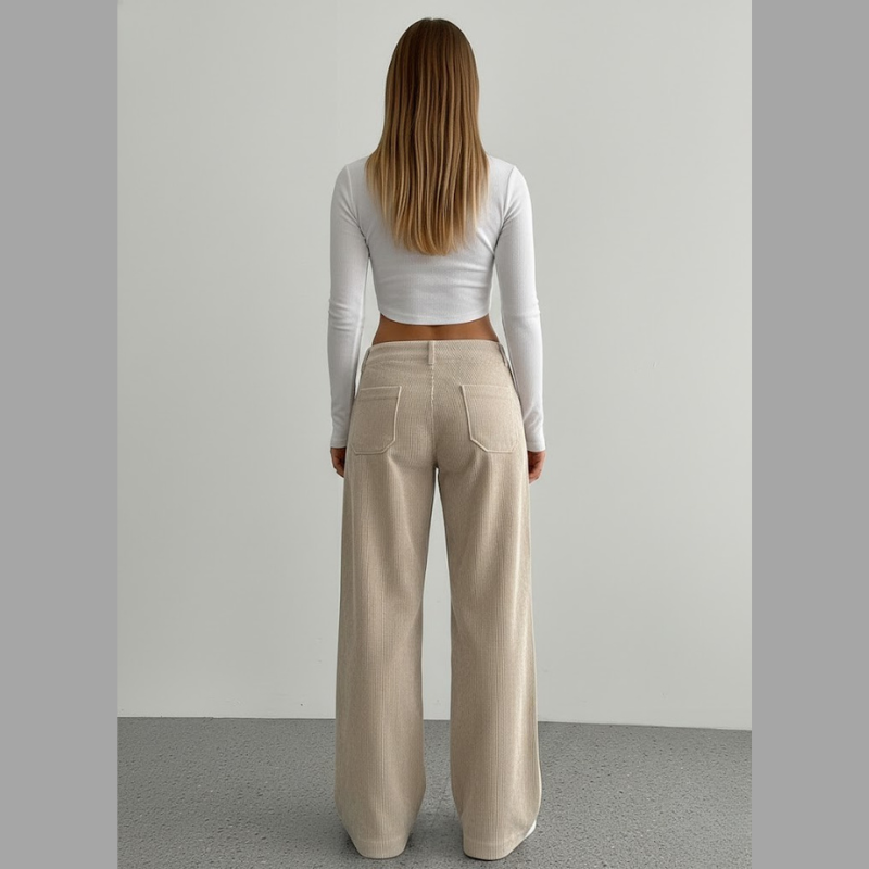 Spodnie sztruksowe inspirowane stylem vintage – luźny krój damski z wysokim stanem