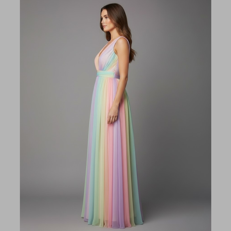 Vibrant long V-neck dress for women - airy, colorful, summer style