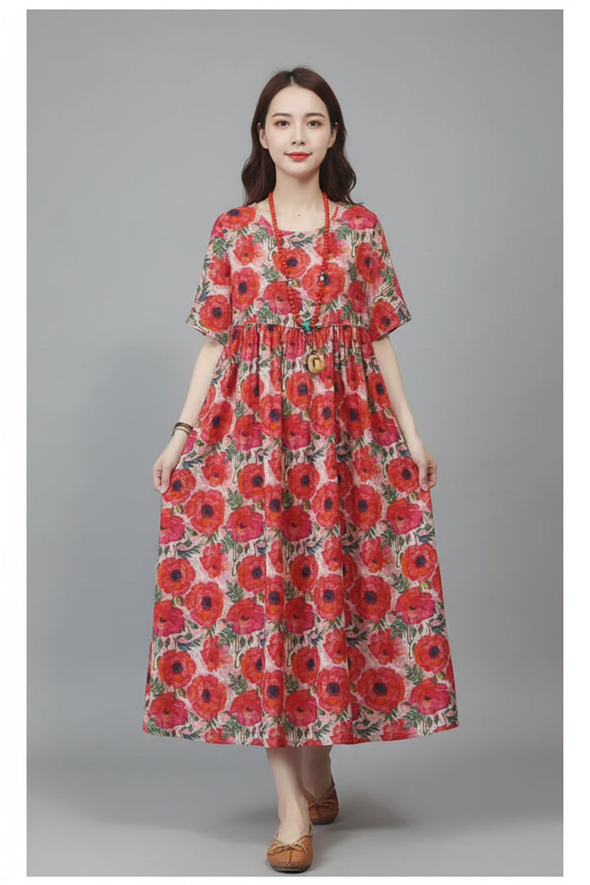 Sukienka damska plus size z kwiatowym wzorem w kształcie litery A – letni styl z krótkim rękawem inspirowany stylem vintage