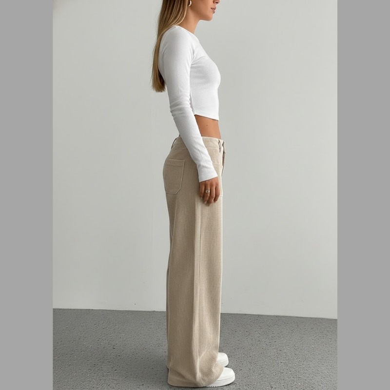 Spodnie sztruksowe inspirowane stylem vintage – luźny krój damski z wysokim stanem