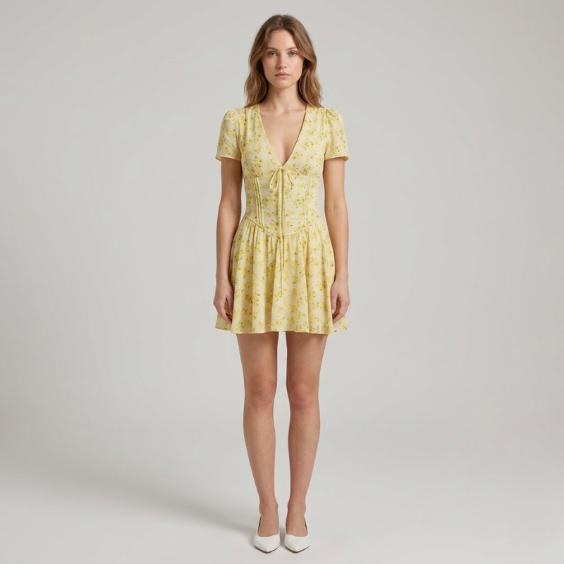 Letnia mini sukienka z kwiatowym dekoltem w serek – świeży, lekki damski, swobodny strój na święta