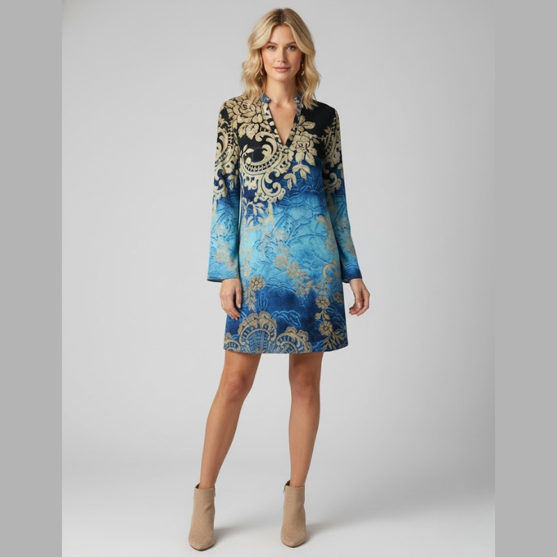 Leichtes, kurzes Kleid mit langen Ärmeln und V-Ausschnitt für Damen – luftige, sommerliche Eleganz