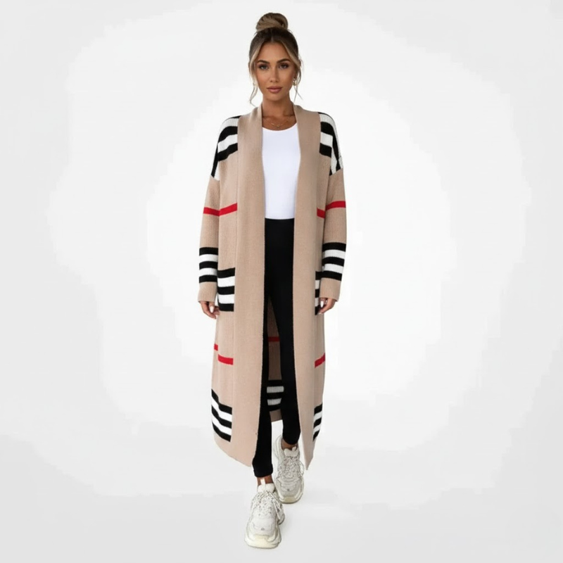 Długi kardigan w paski z dzianiny damskiej – niezbędnik do noszenia warstwowego