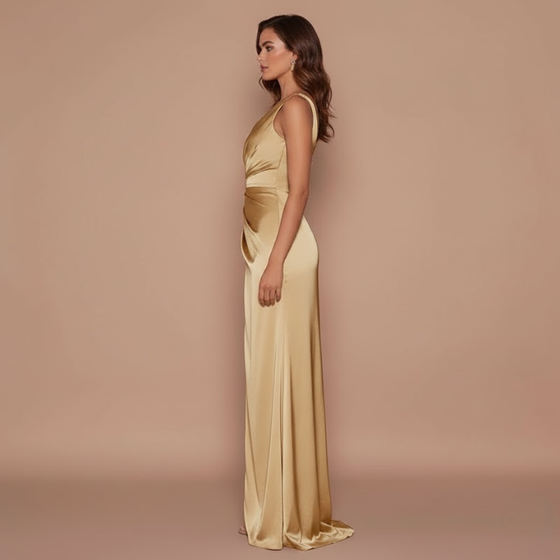 Elegant One-Shoulder Maxi Dress for Women - Eye-Catching High Slit for Wedding Guests